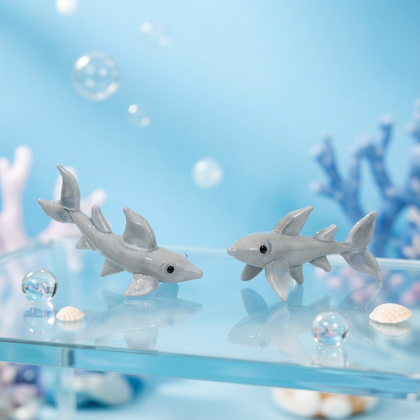 Marine Aquarium Design - รูปปั้นฉลามแก้วขนาดเล็กทำมือ น่ารัก เหมาะสำหรับตกแต่งโต๊ะทำงานในบ้าน ตกแต่งตู้ปลา และเป็นของตกแต่งตู้เลี้ยงปลา